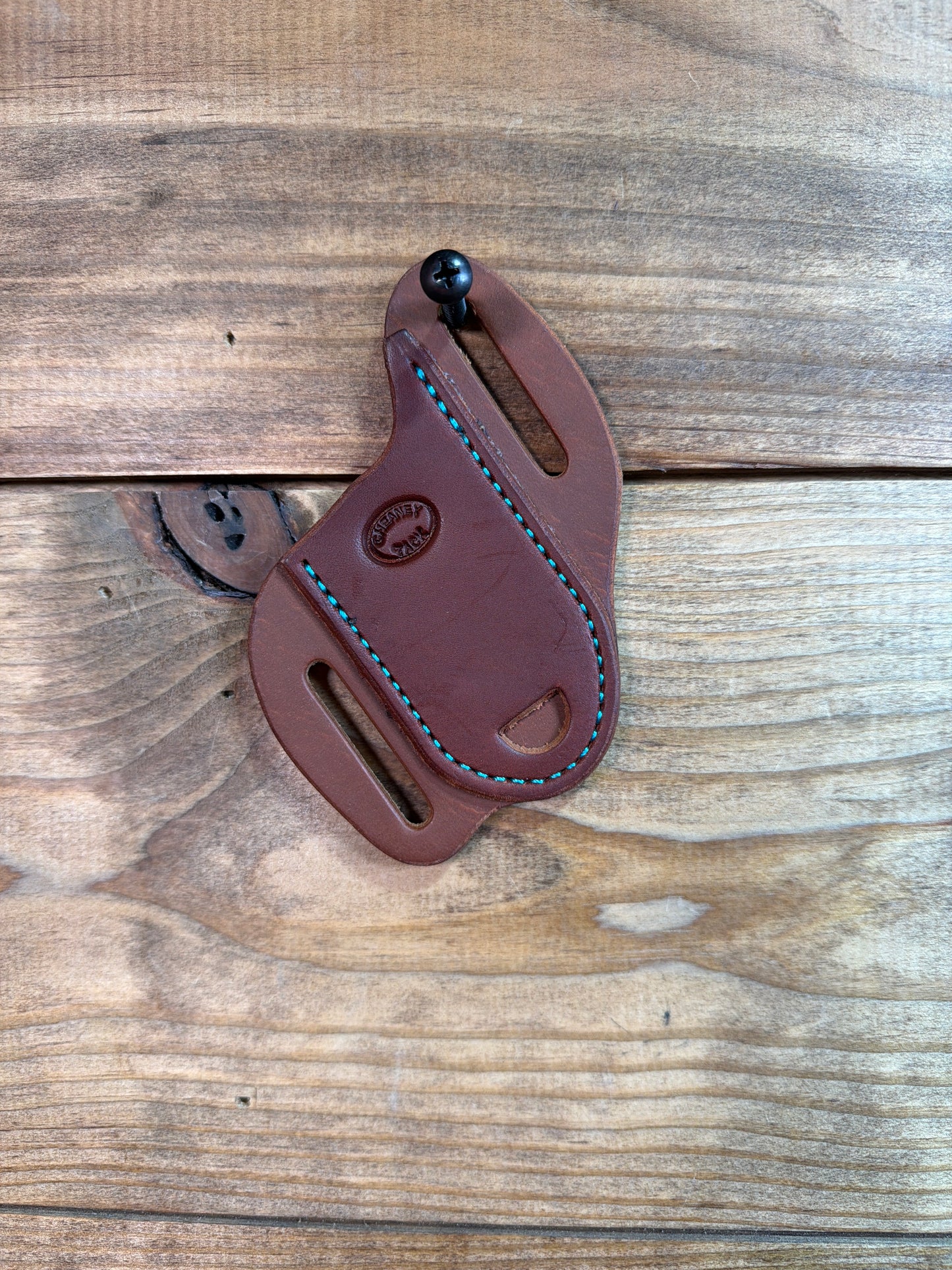 10 Cheaney 3" Knife Sheath Oiled Blue Stitching