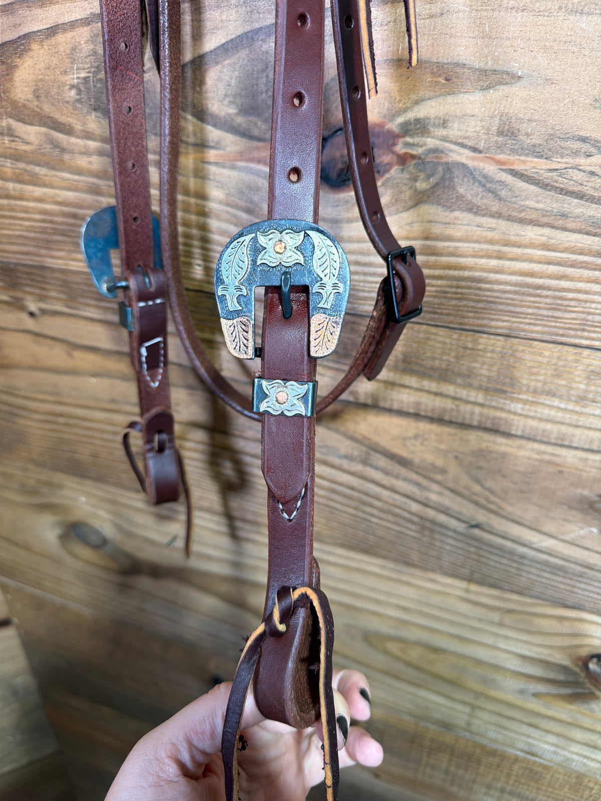 Oiled Browband w/ Silver Flower & Copper