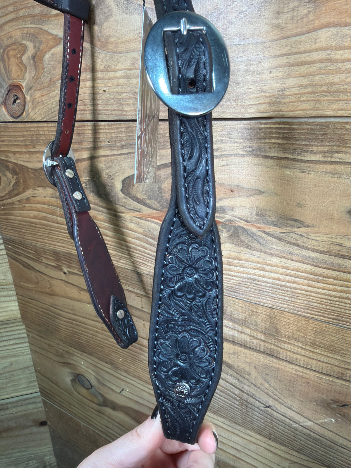 Black One Ear Headstall Tooled Floral Stainless Buckle