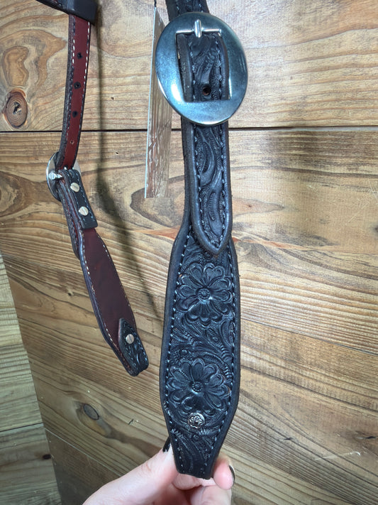 Black One Ear Headstall Tooled Floral Stainless Buckle