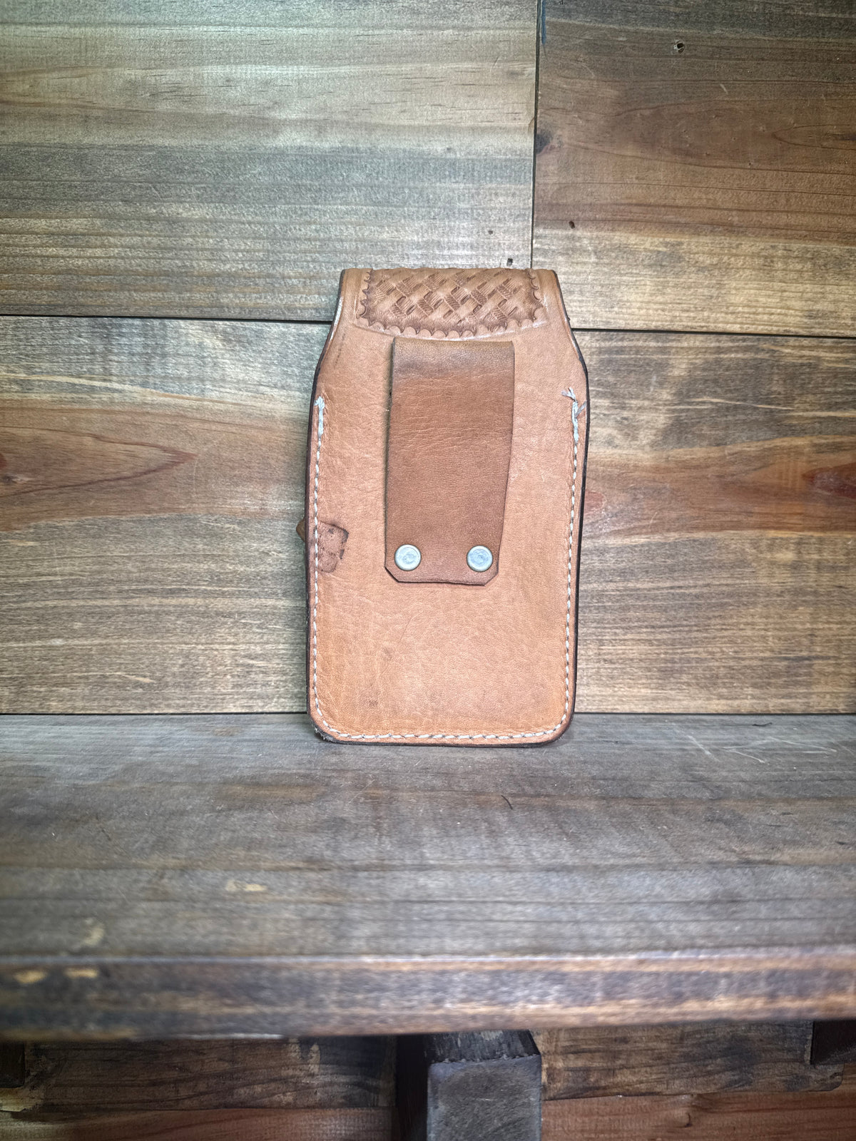 Billet Phone Holder Natural Slick Tooled w/knife holder