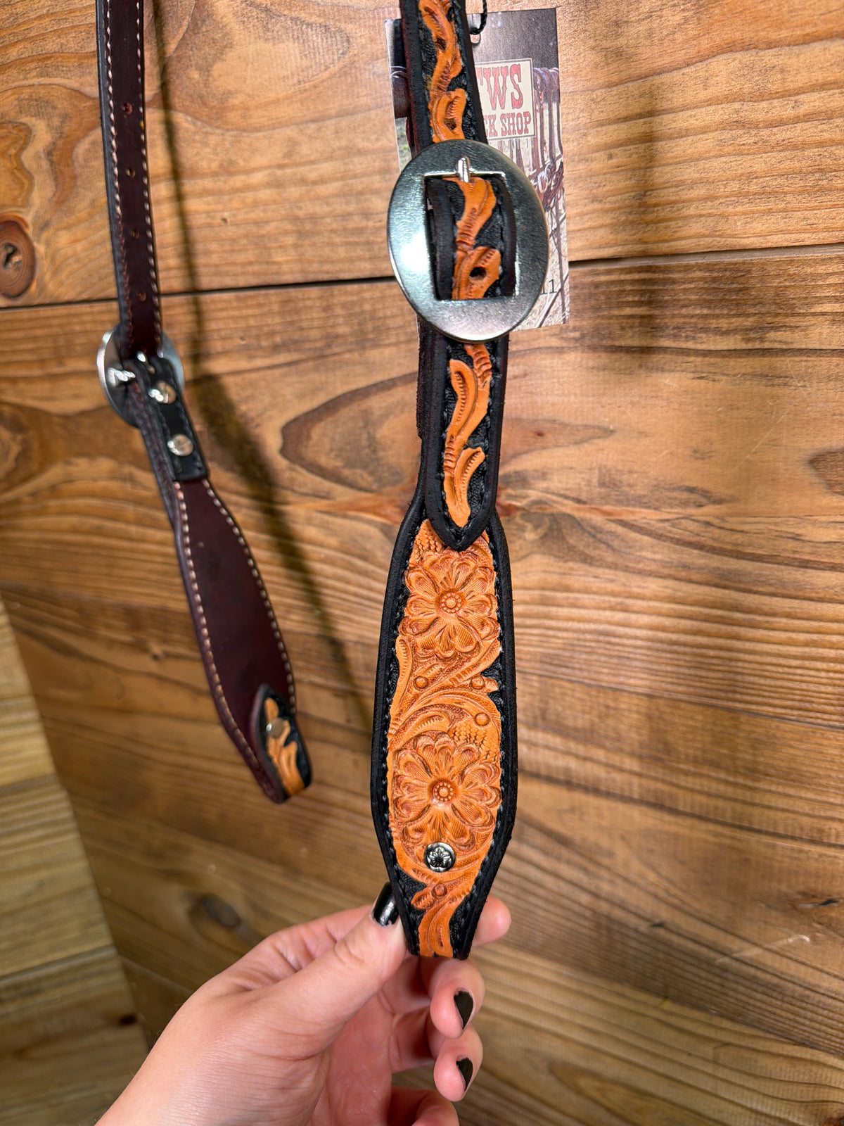 Black Dyed One Ear Headstall Tooled Floral Stainless Buckle