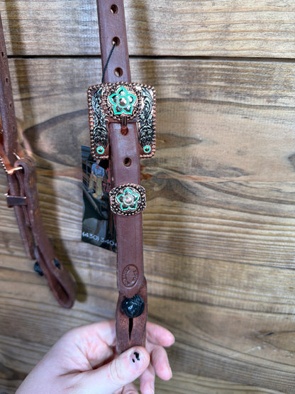 Cheaney One Ear Headstall w/ Copper & Green Flower
