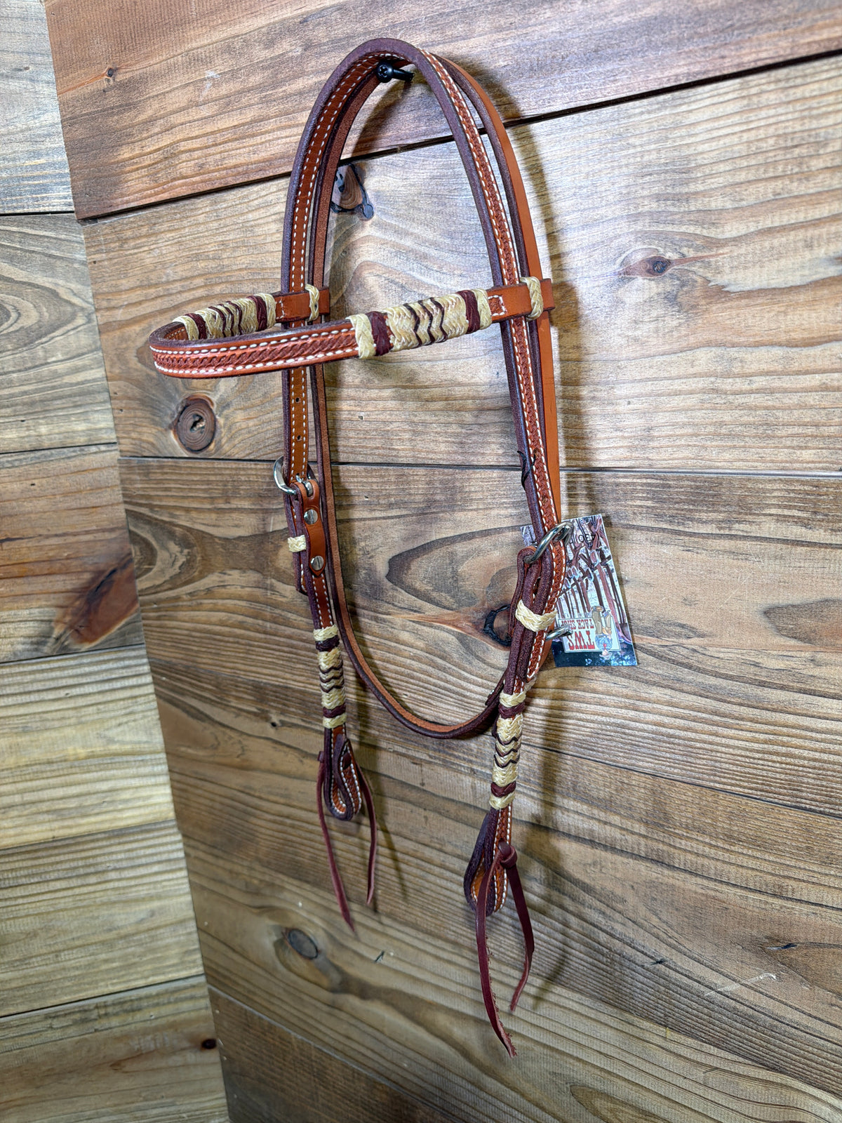Natural Basket Tooled Browband Headstall w/ Burgundy Rawhide