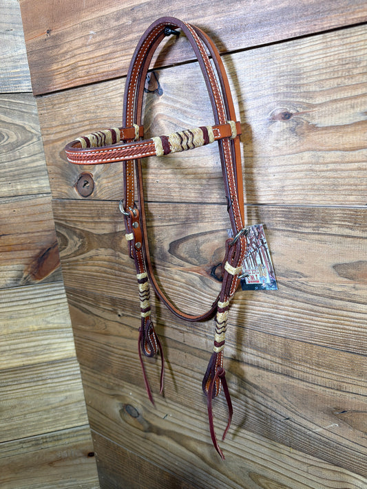Natural Basket Tooled Browband Headstall w/ Burgundy Rawhide