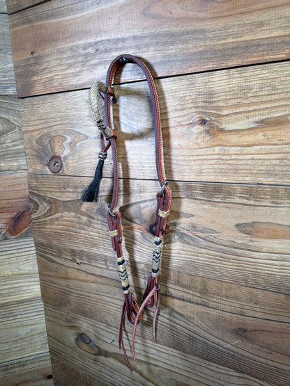 Natural & Black Rawhide One Ear Headstall w/ Brown Tassel