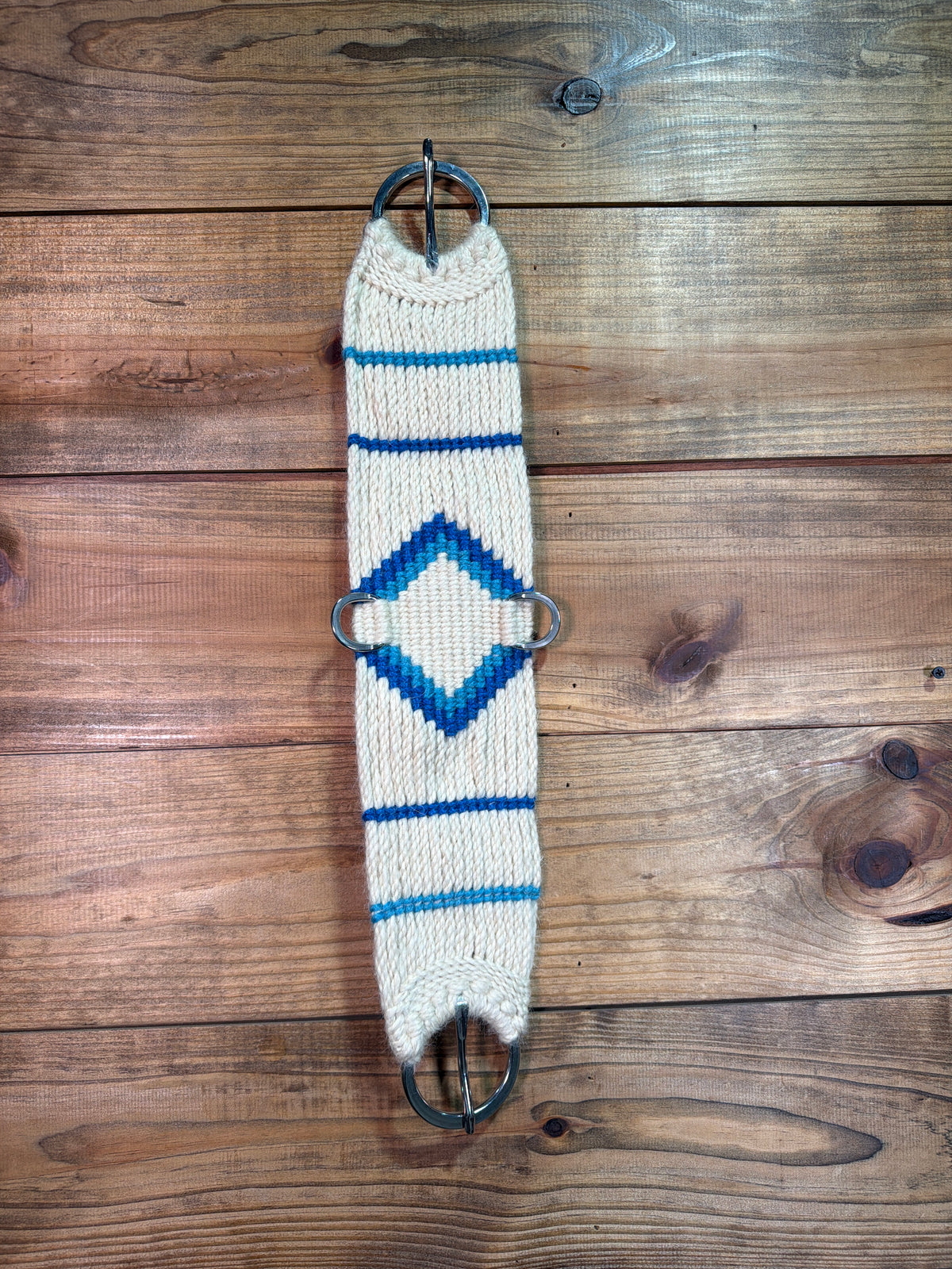 26" Hand Tied Mohair Cinch White w/ 2 Tone Blue Diamond