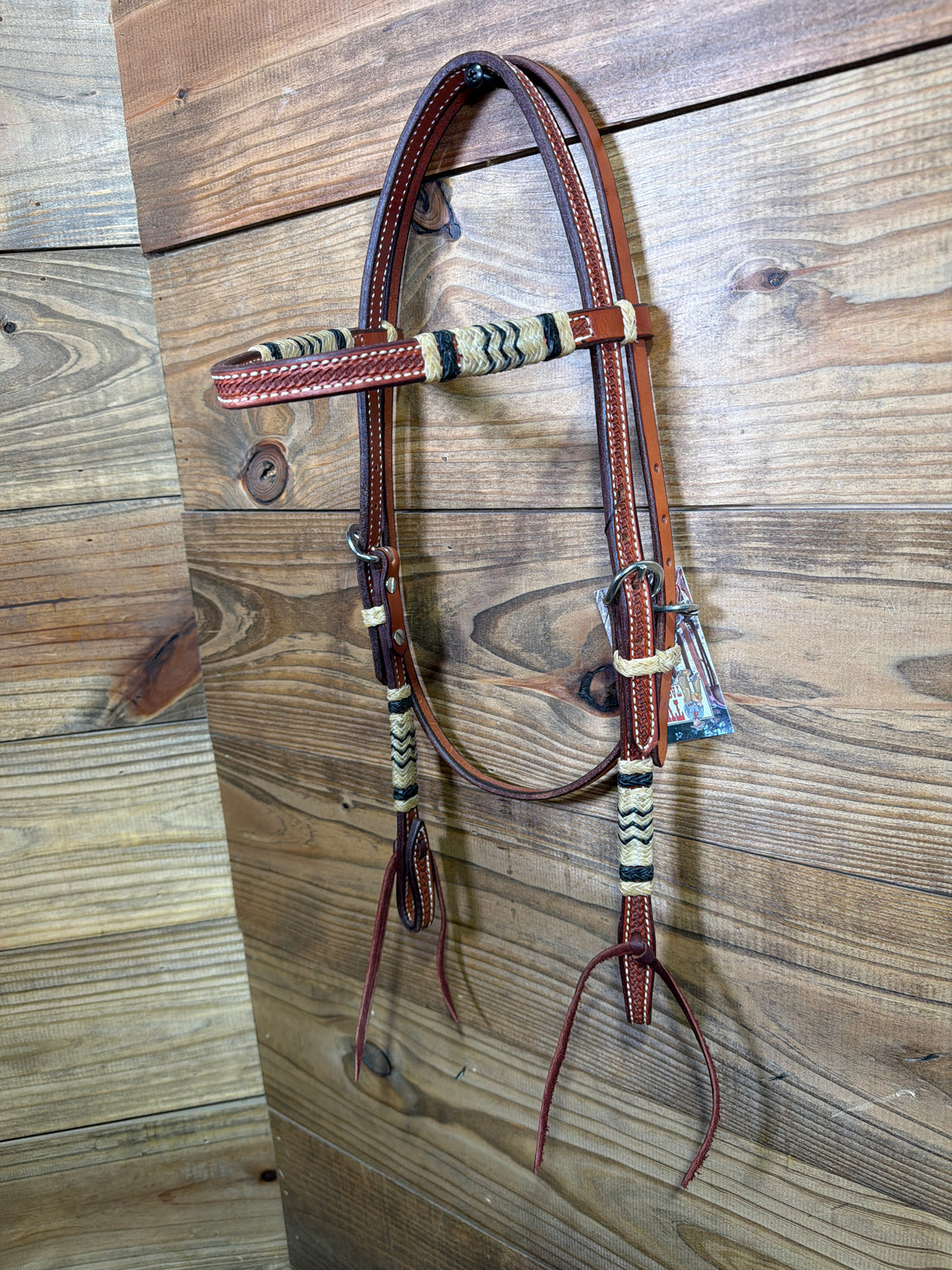 Oiled Basket Tooled Browband Headstall w/ Black Rawhide
