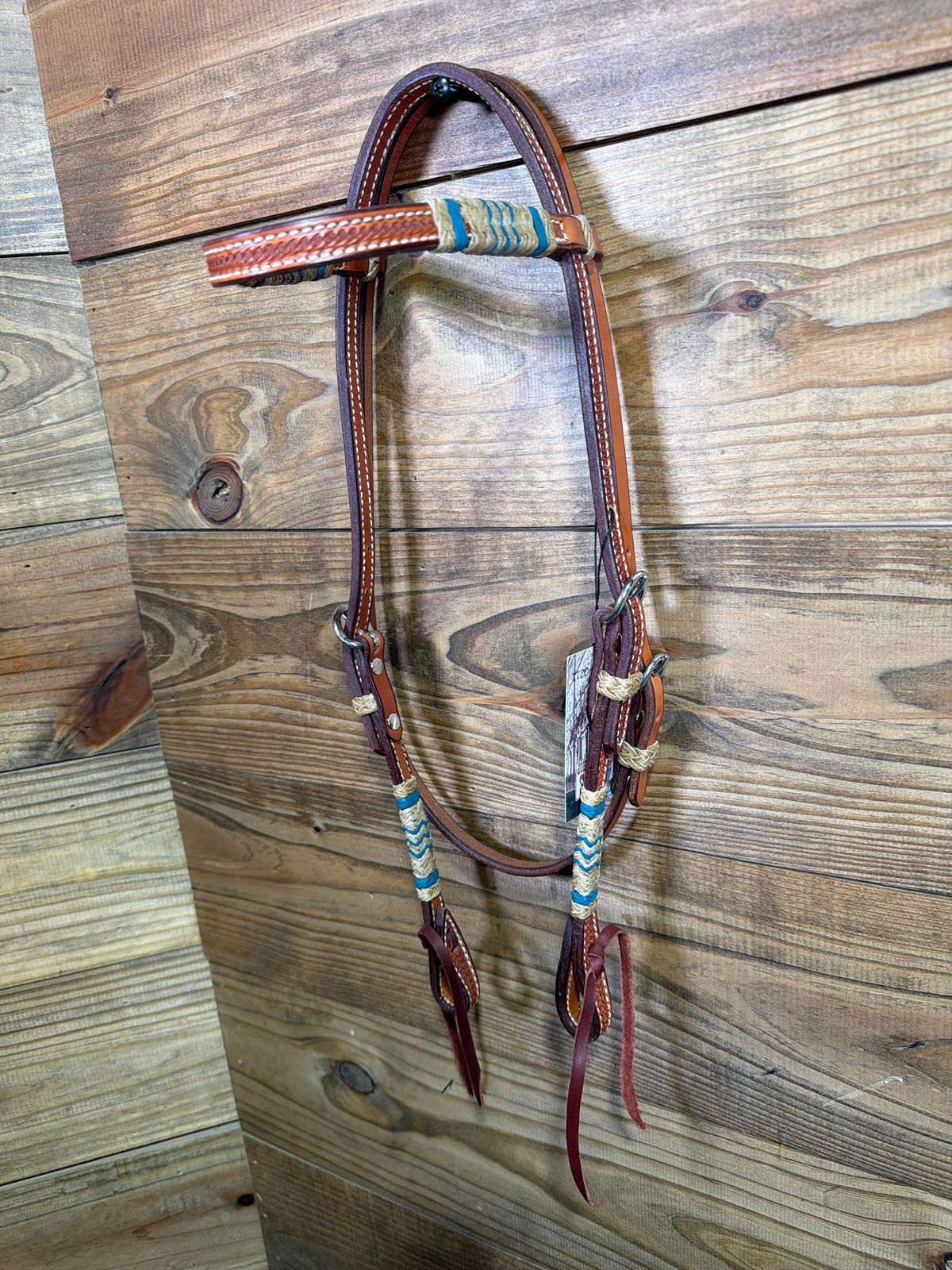 Natural Basket Tooled Browband Headstall w/ Turq. Rawhide