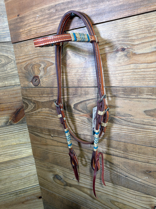 Natural Basket Tooled Browband Headstall w/ Turq. Rawhide