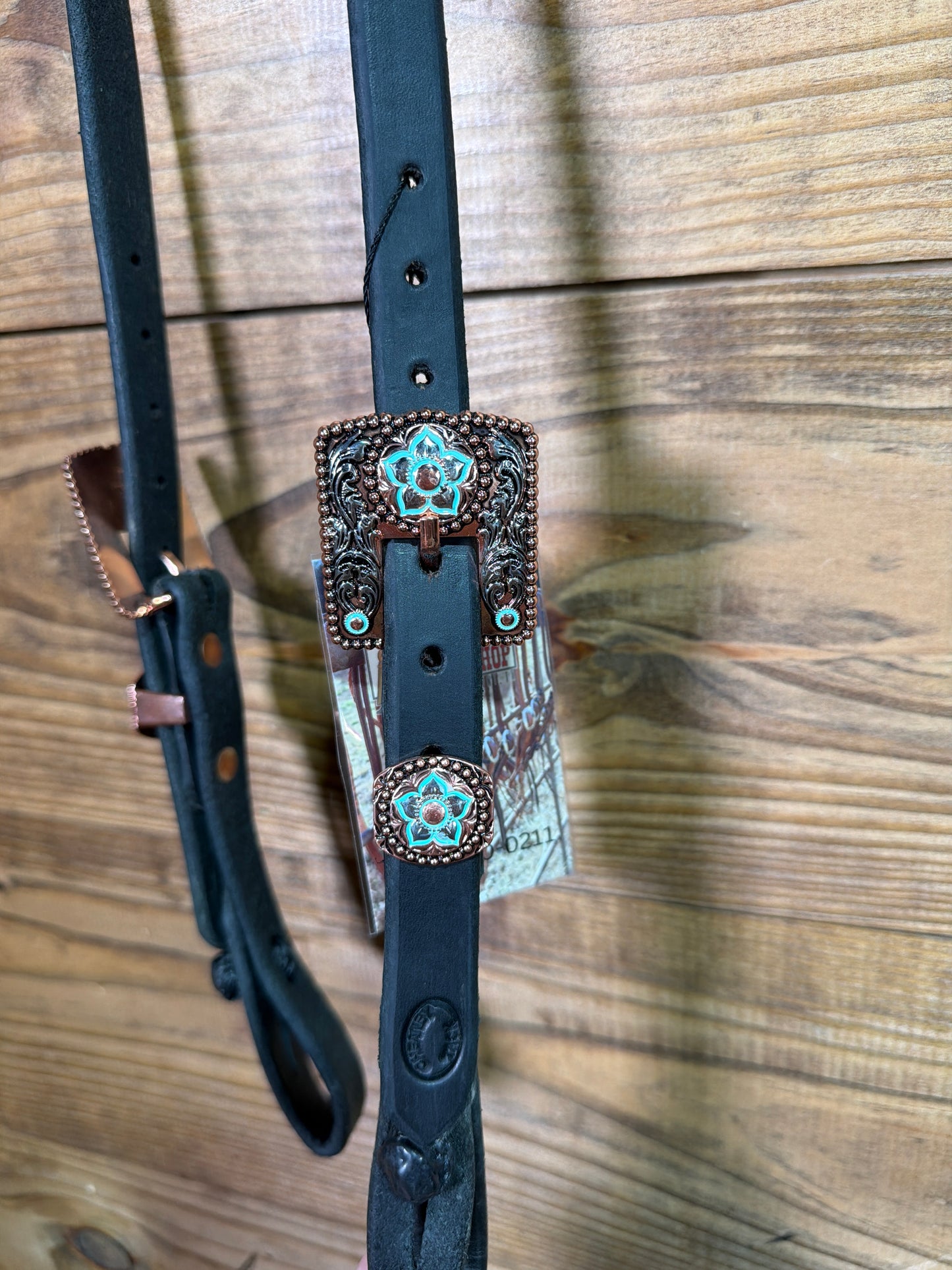 Cheaney One Ear Black Headstall w/ Copper & Green Flower