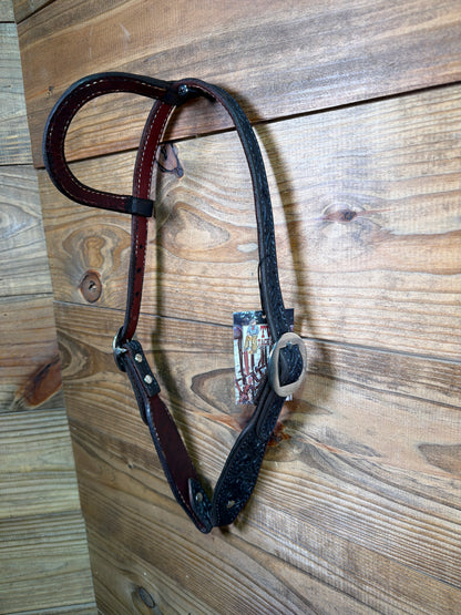 Black One Ear Headstall Tooled Floral Stainless Buckle