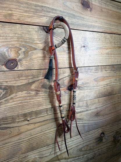 Natural & Black Rawhide One Ear Headstall w/ Brown Tassel