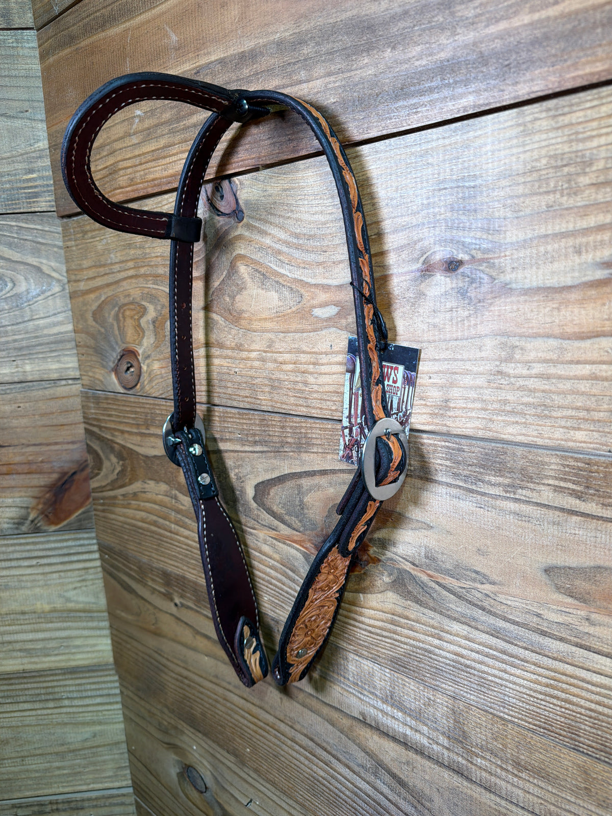 Black Dyed One Ear Headstall Tooled Floral Stainless Buckle