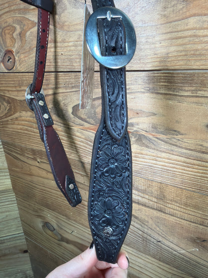 Black One Ear Headstall Tooled Floral Stainless Buckle