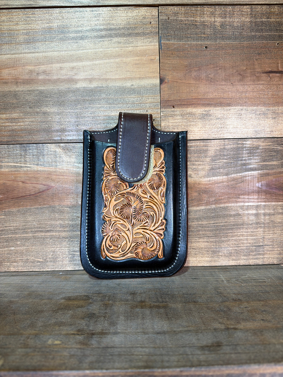Dyed Edge & Floral Tooled Billet Phone Holder w/ Velcro Flap