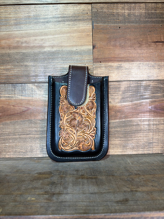 Dyed Edge & Floral Tooled Billet Phone Holder w/ Velcro Flap
