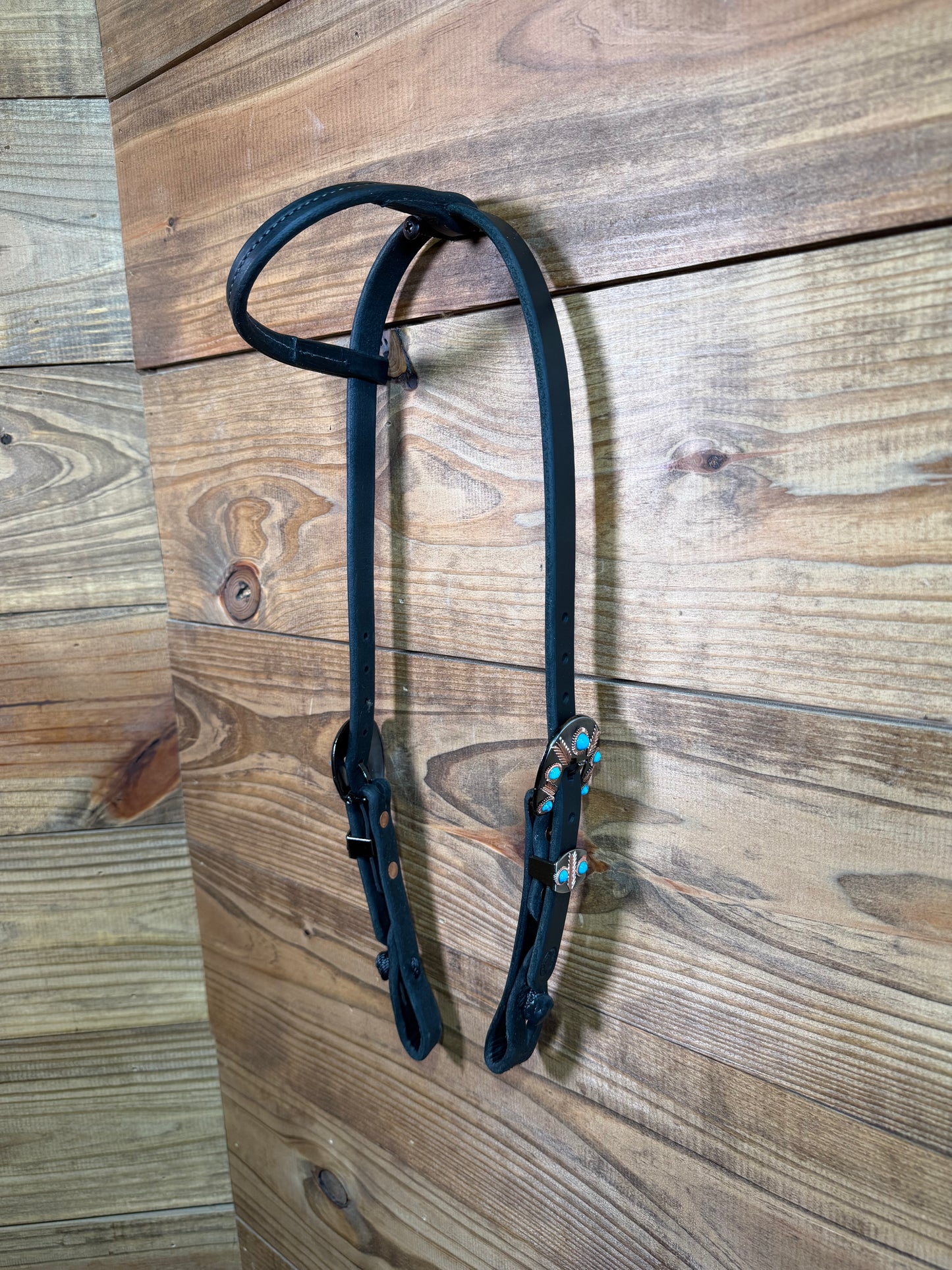 Cheaney One Ear Black Headstall w/ Copper Feather Buckle