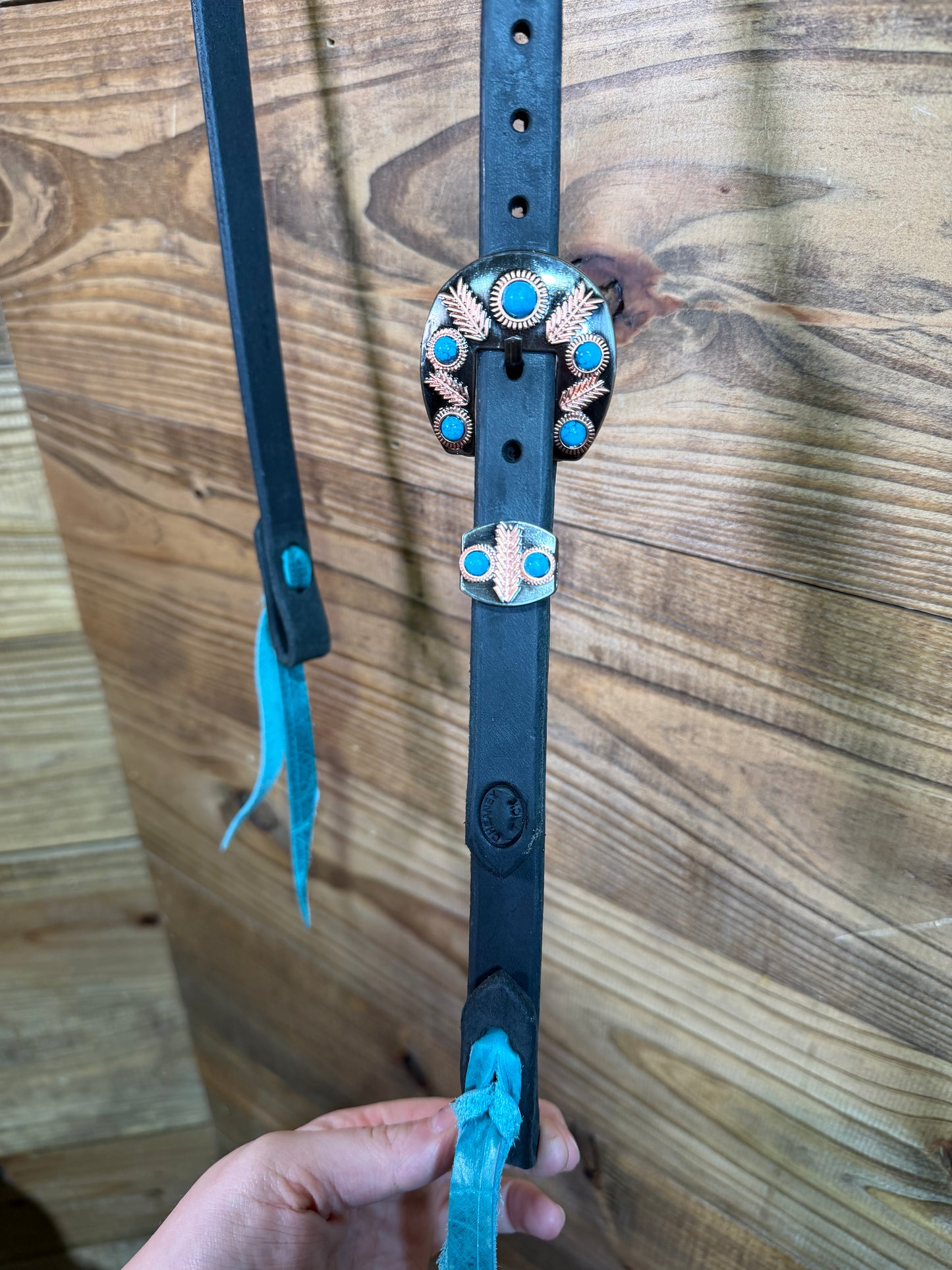 37 Headstall Cheaney Black HS Tie Copper Feather