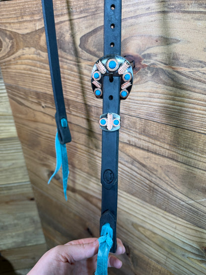 Cheaney Black One Ear Headstall w/ Copper & Turq. Buckle