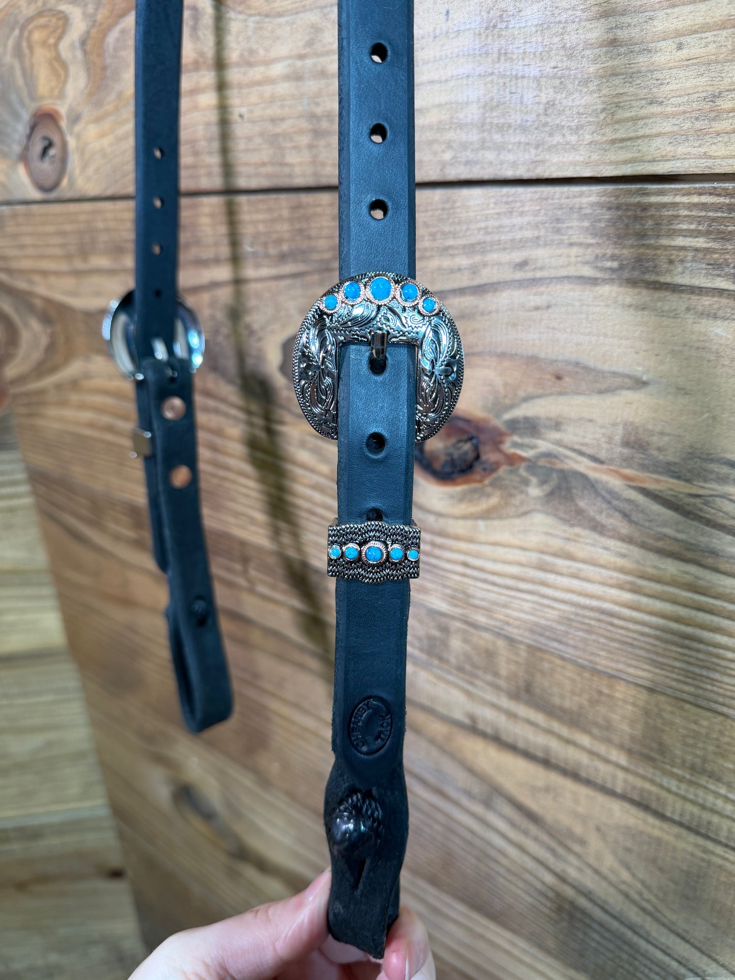 39 Headstall Cheaney Black QC HS Silver/Turq.