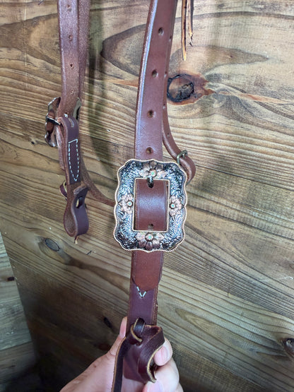 Browband Headstall w/ Gold Border & Copper Flowers