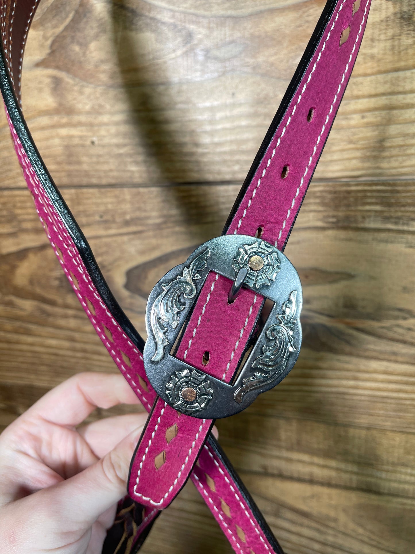 Hot Pink Buckstitch Split-Ear w/ Antique Floral Buckle