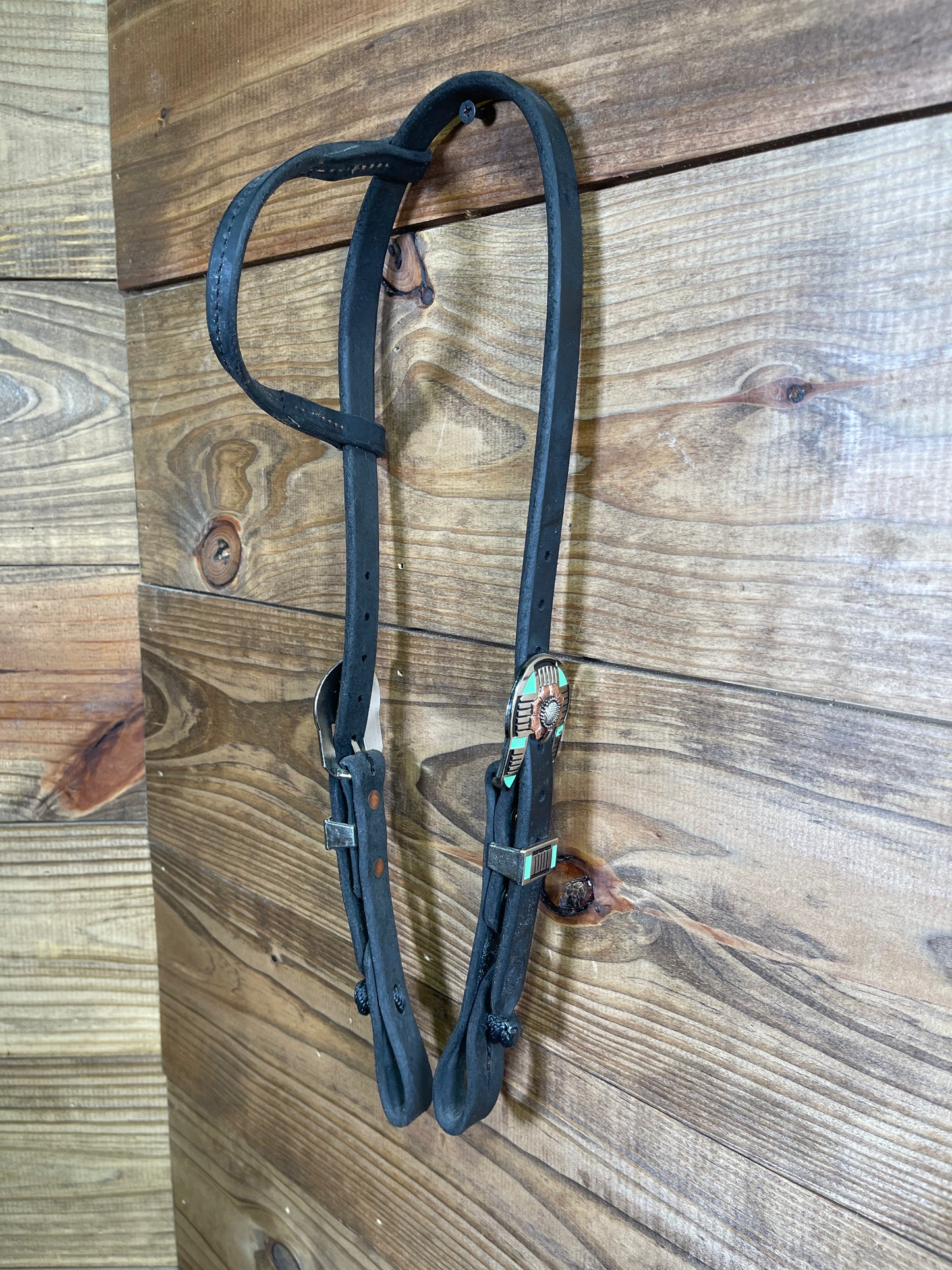 Cheaney Black Quick Change One-Ear Headstall w/ Flower & Green Buckle