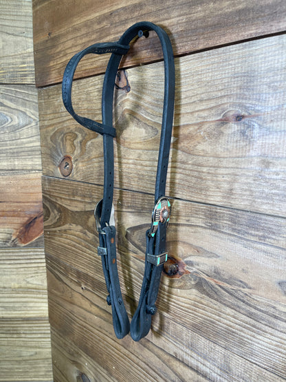 Cheaney One Ear Black Headstall w/ Copper Flower & Green