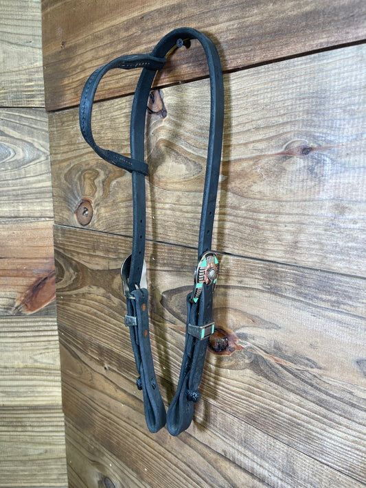 Cheaney Black Quick Change One-Ear Headstall w/ Flower & Green Buckle