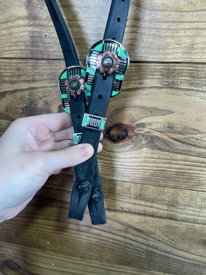 Cheaney One Ear Black Headstall w/ Copper Flower & Green