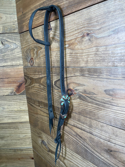 Cheaney One Ear Black Headstall w/ Green Copper Buckle
