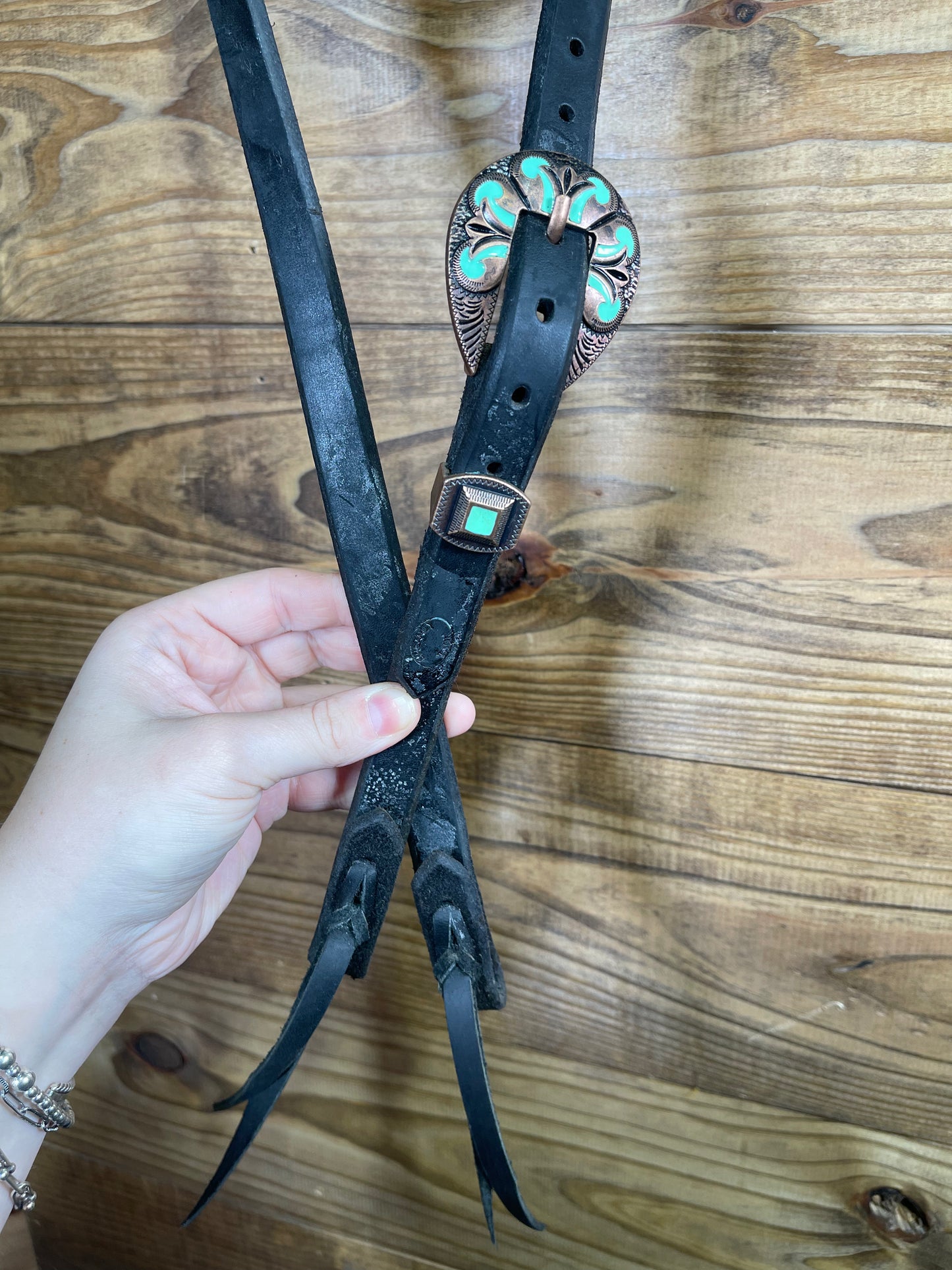 Cheaney Black Tie End Slide Ear Headstall w/ Copper & Green Buckle