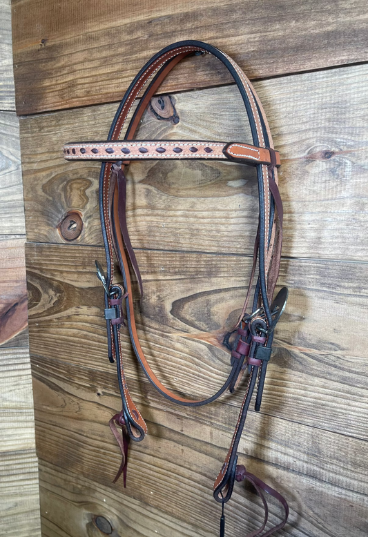 Cowboy Tack Brown Buckstitch Browband Headstall w/ Gold Flower Buckle