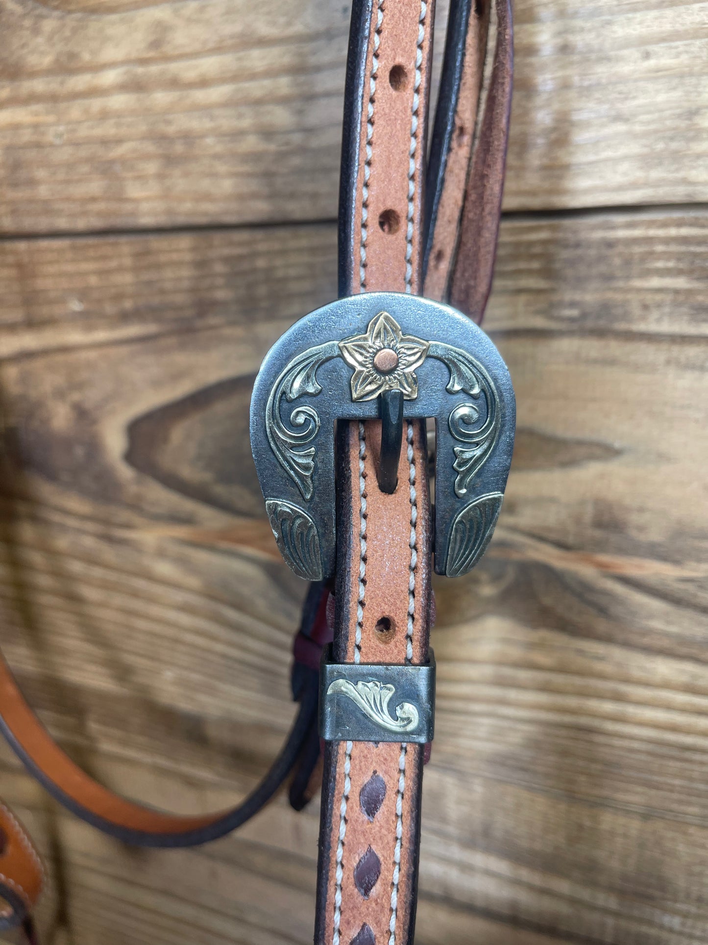 Cowboy Tack Brown Buckstitch Browband Headstall w/ Gold Flower Buckle
