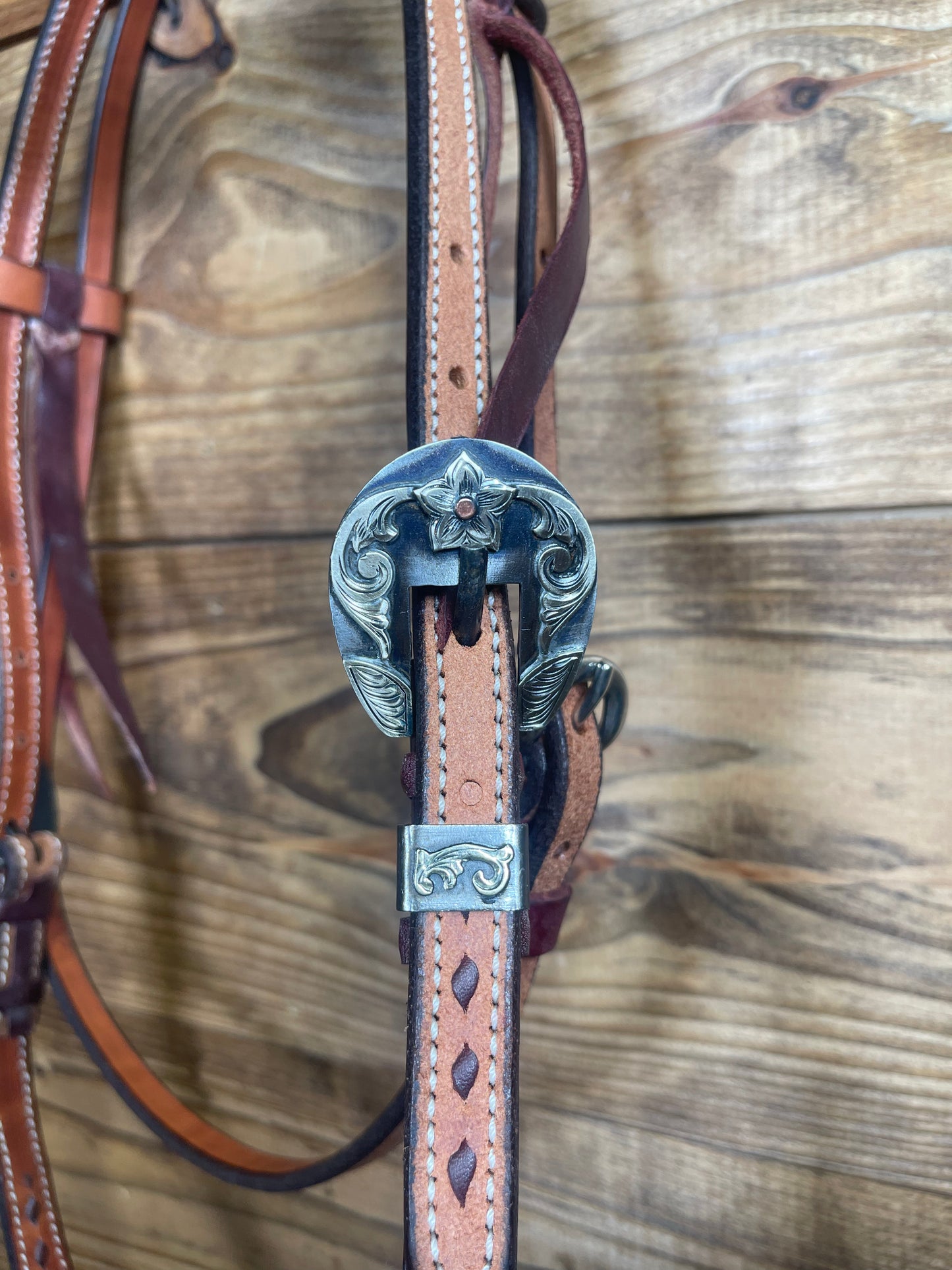 Cowboy Tack Brown Buckstitch Browband Headstall w/ Silver Flower Buckle