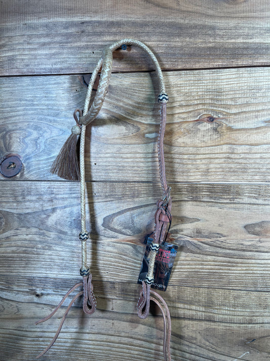 Rawhide Slide Ear Headstall Brown Tassel Black Rawhide Lines