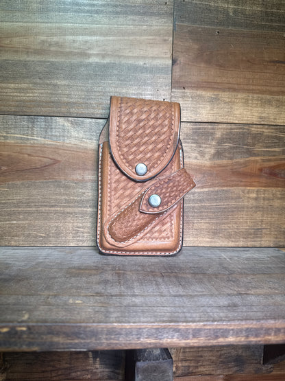 Billet Phone Holder Natural Slick Tooled w/knife holder